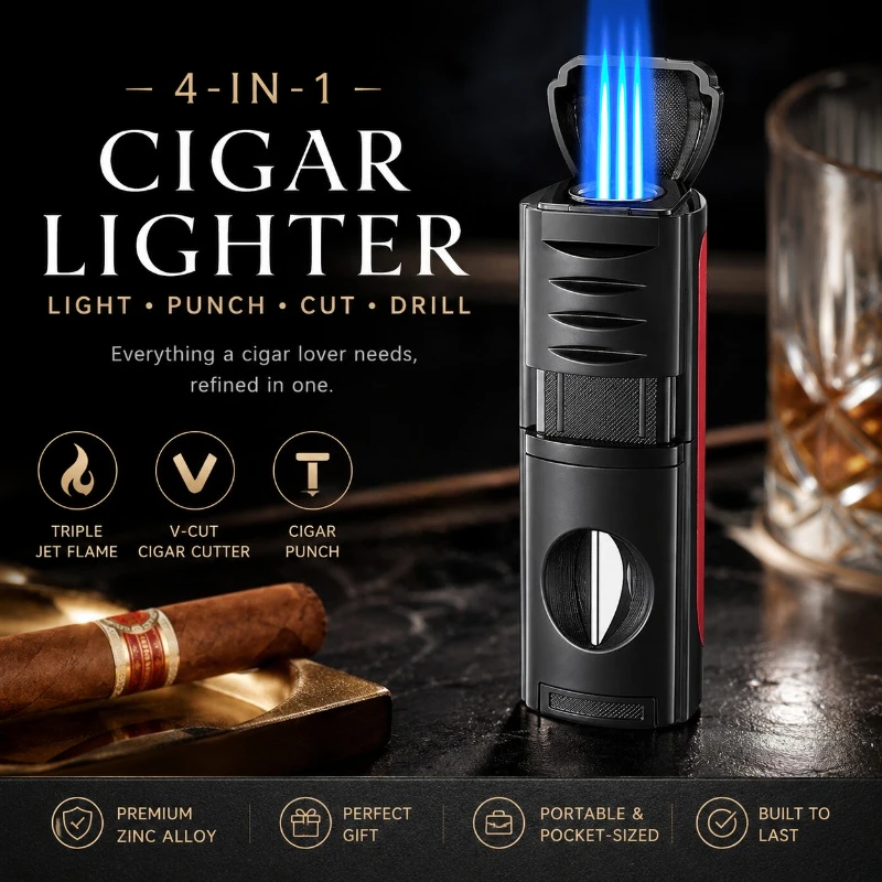 Windproof Metal Cigarette Lighter with Cigar Cutter Accessory Refillable with Butane Multi-functional Cigar Lighter