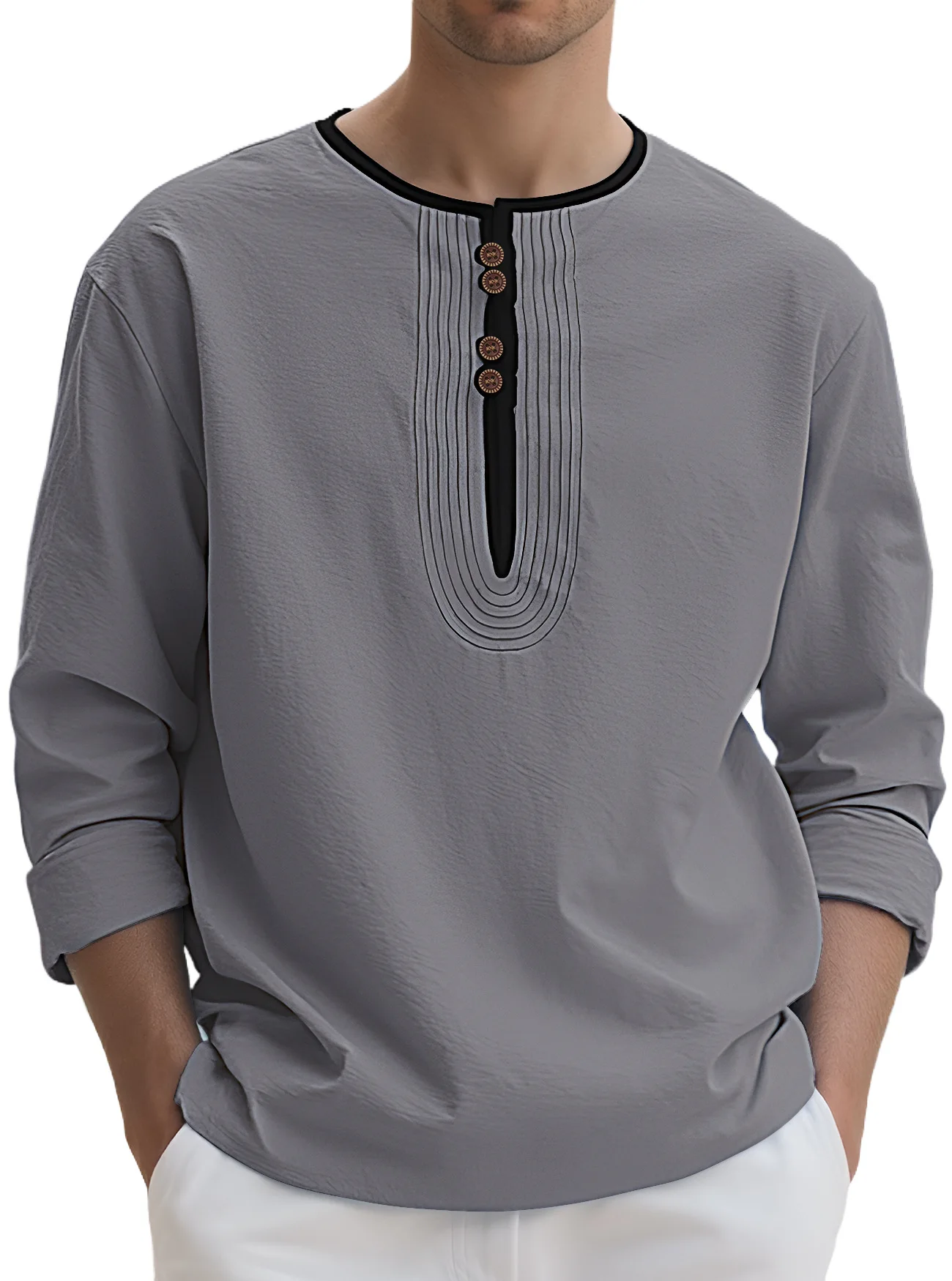 Casual Vacation Men Linen Long Sleeve Tops Contrast Neck Trim Front Stitch Light And Loose-Fitting Detail  Daily Outdoor Blouse