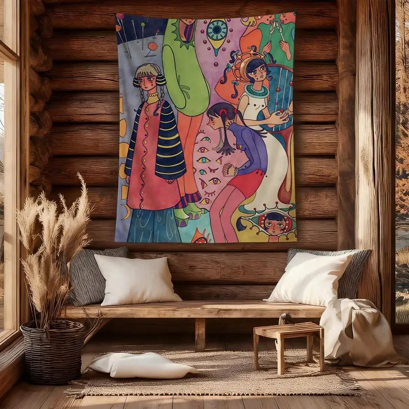 VIKAMA Abstract Weird Girl Multiple Eye Wall Tapestry Colorful Surreal Woman Illustration Whimsical Pop Art Bedroom Living Room