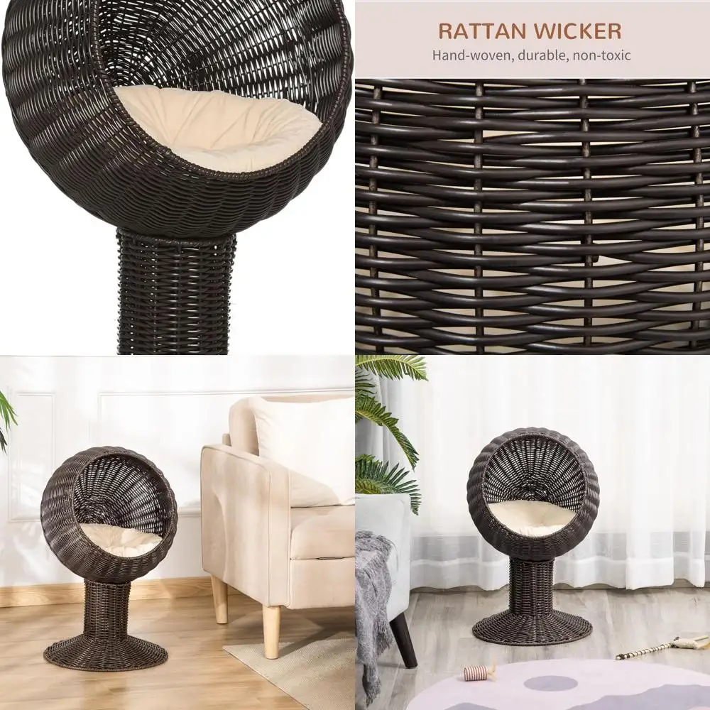 

Luxury Rotating Egg Chair Cat Bed with Cushioned Basket and Natural Grass Woven Kitty Home