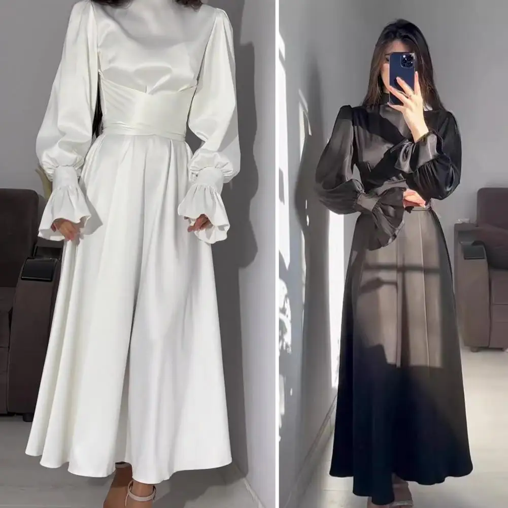 Fall Women Gown Elegant Puff Sleeve Maxi Dress for Women Stylish Stand Collar A-line Pleated Dress for Shopping Parties for Fall