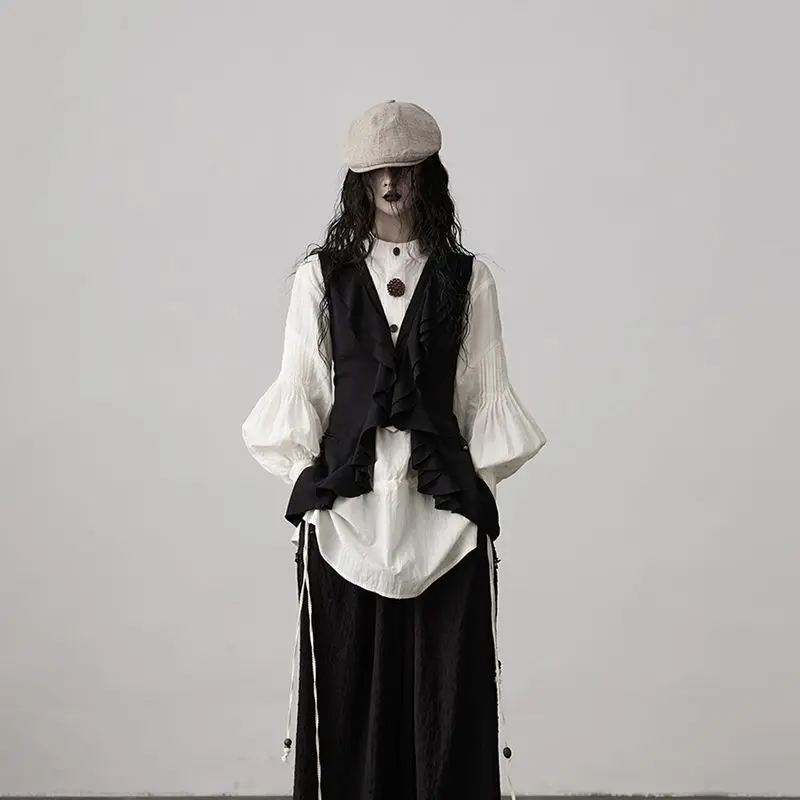 

Harajuku нерегулярный жилет женский винтажный однотонный облегающий жилет в стиле гранж женский осенний Y2k эстетический лоскутный камзол с рюшами