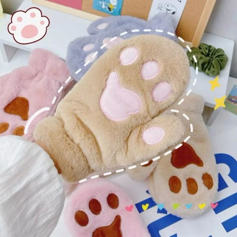 

Cat Claw Cute Plush Gloves Winter Thickened Velvet Warm Full Finger Gloves Even Fingers Gloves Kawaii Girl Mittens Cold-proof