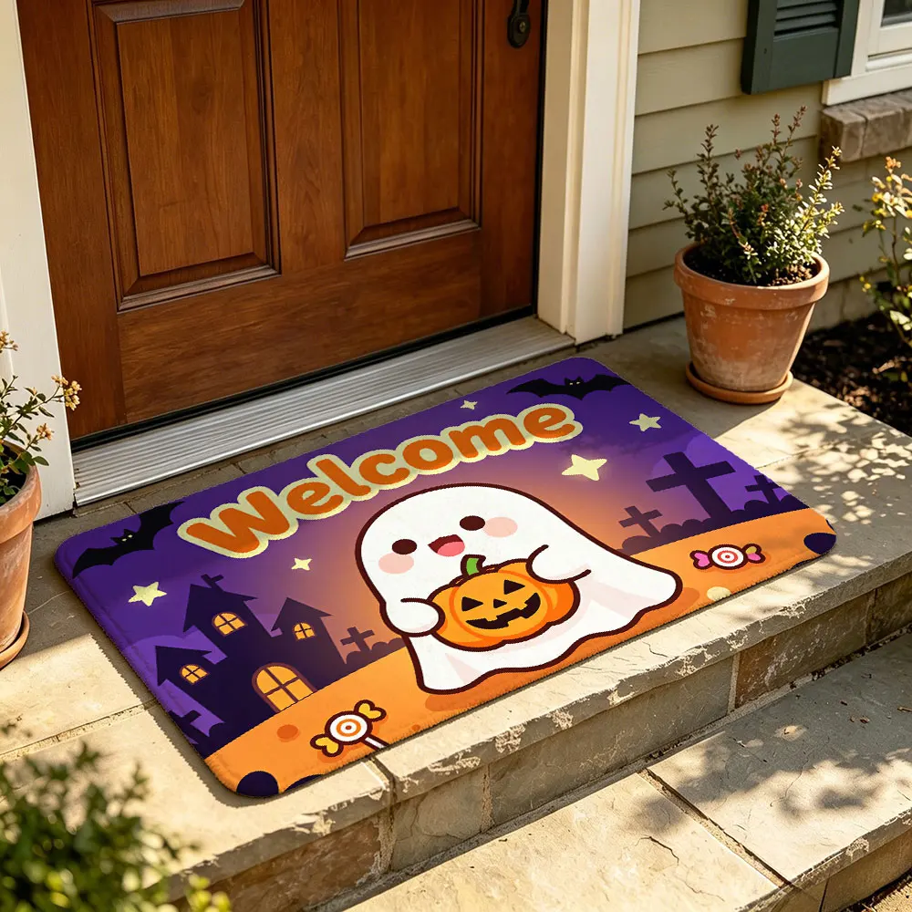1pc Halloween door mat featuring a little ghost holding pumpkin flannel silicone anti-slip decorating home entrance