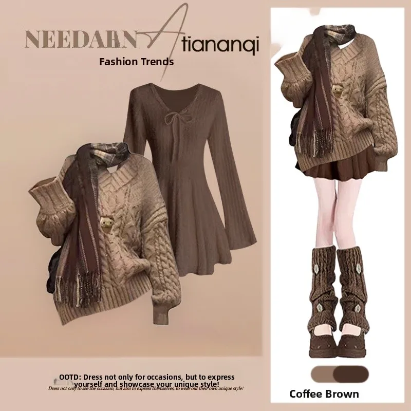 

Lazy Sle Knitted Sweater And Dr Two-Piece Set Vintage Pure Desire Slimming Midi Dr Autumn Collection plus Size Women