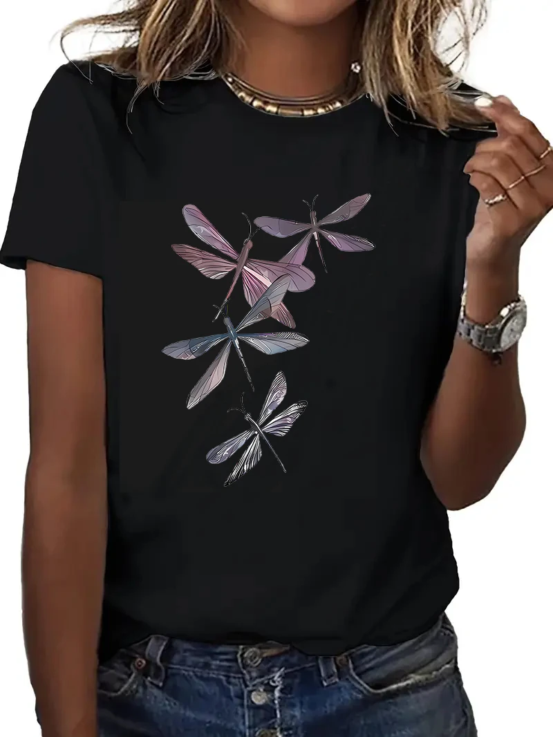Vintage T-Shirt Damen Casual Kurzarm T-Shirt Libellen Print Casual Sommer Frühling Damen Kleidung Top T-Shirt