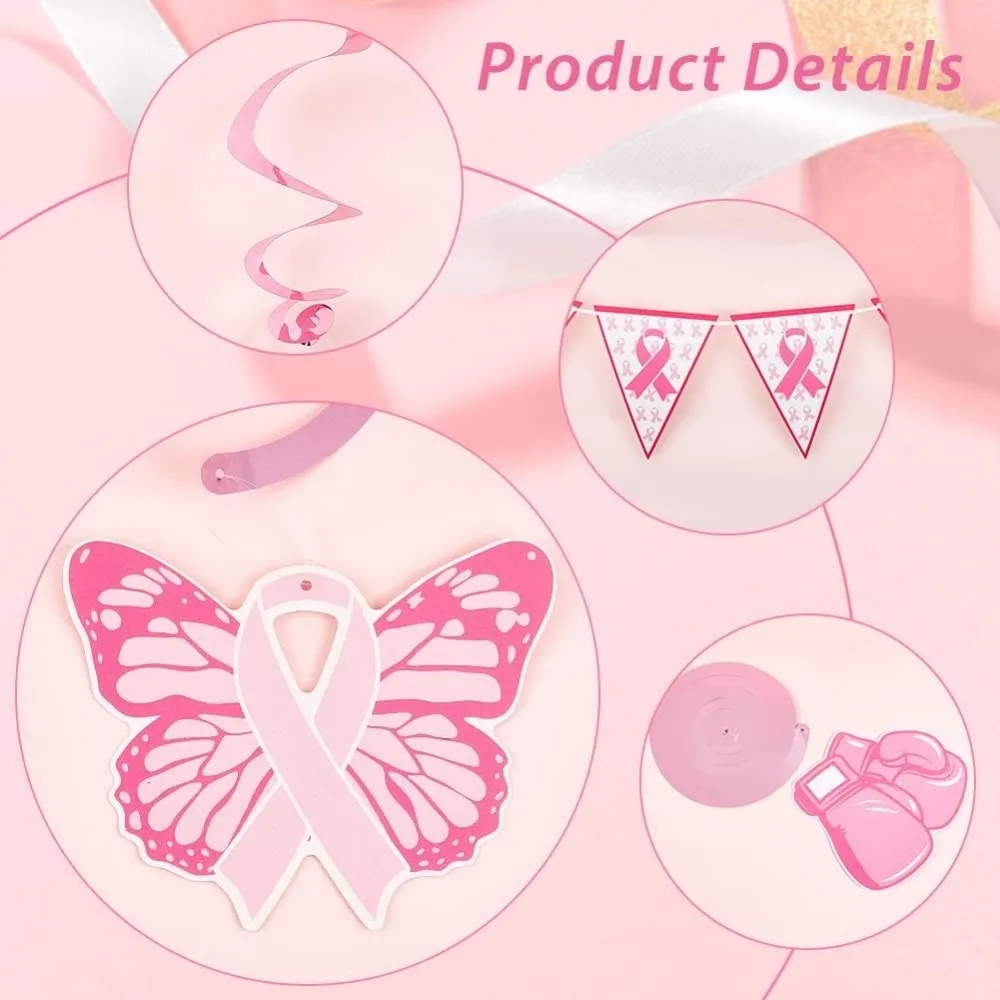 Breast Cancer Awareness Decorations, Pink Ribbon Pennant Banners Wall Hanging Hope Butterfly Bird Swirls Set for Breast Cancer