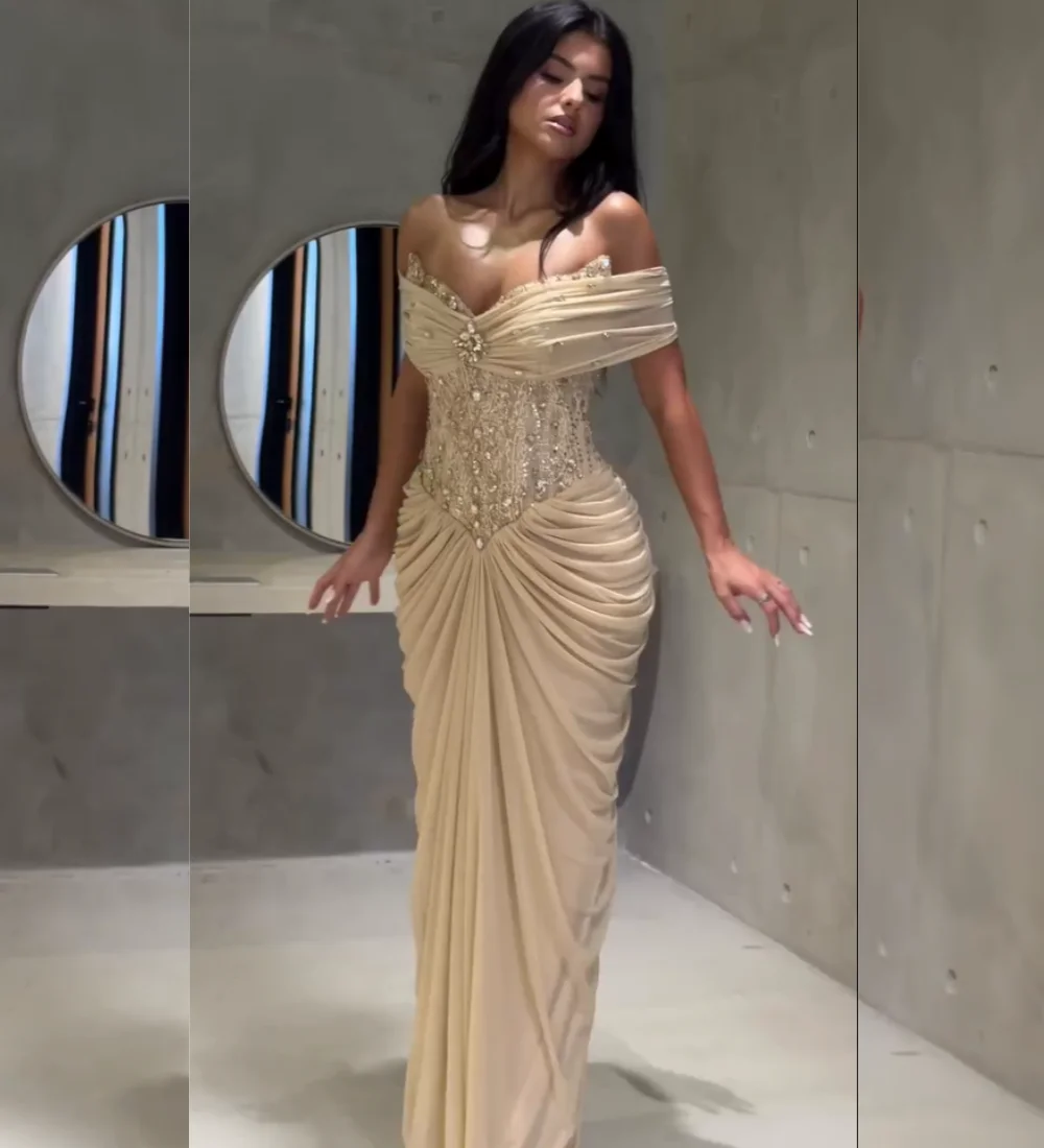 Customized Casual Chiffon Pleat Sequined Pattern Column Off-the-shoulder Long Bespoke Occasion Evening Dresses Classic