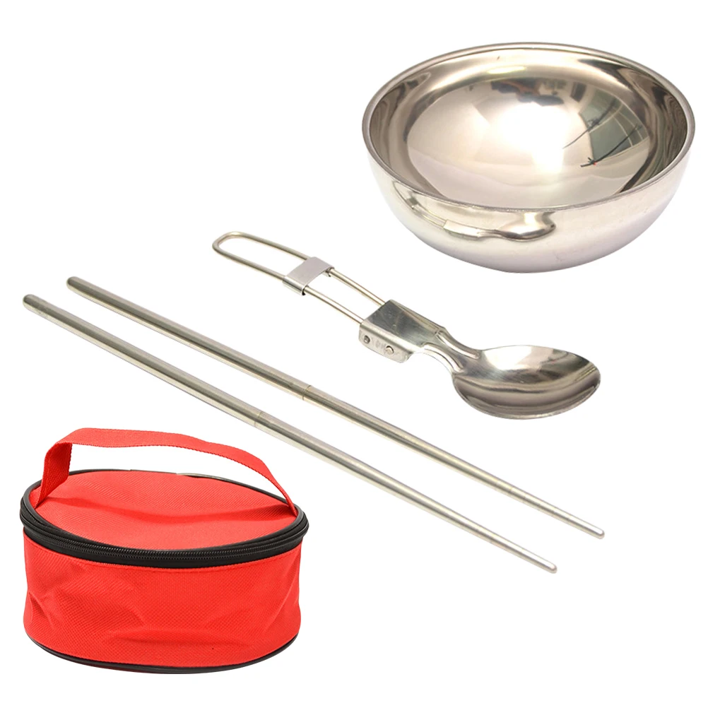 

1 set Folding Spoon Chopsticks Bowl Camping Double Layer Foldable Oxford Cloth Travel Picnic Durable Stainless Steel Outdoor