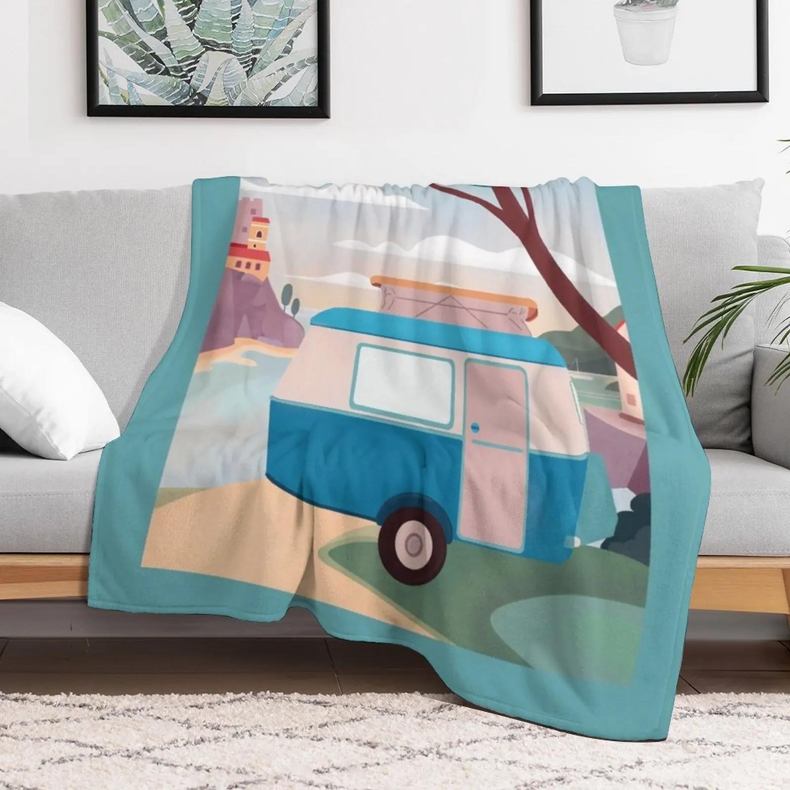 Vintage Caravan by the Sea Throw Blanket Soft Bedroom Blanket for Night Sleeping