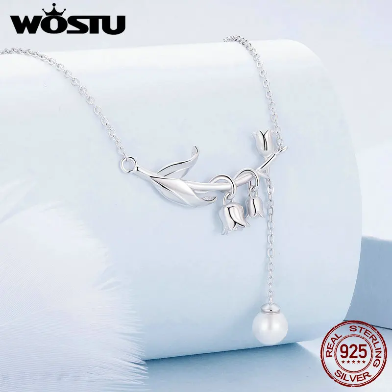 WOSTU Real 925 Sterling Silver lilia doliny naszyjnik kwiatowy perły kropla wisiorek kolczyki zestaw biżuteria na przyjęcie weselne prezent