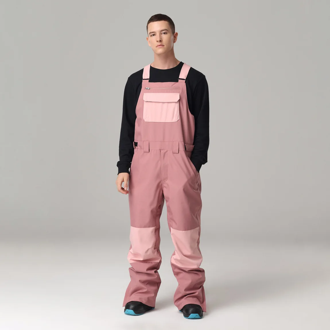 Single board harness ski pants Windproof and Waterproof Color collision Ski overalls Conjoined body men women lovers Pink white