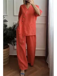 2024 Women's Autumn New Solid Color Cotton Hemp Set With Seven Sleeve Top Wide Leg Pants Two Piece Set For Women's Clothing