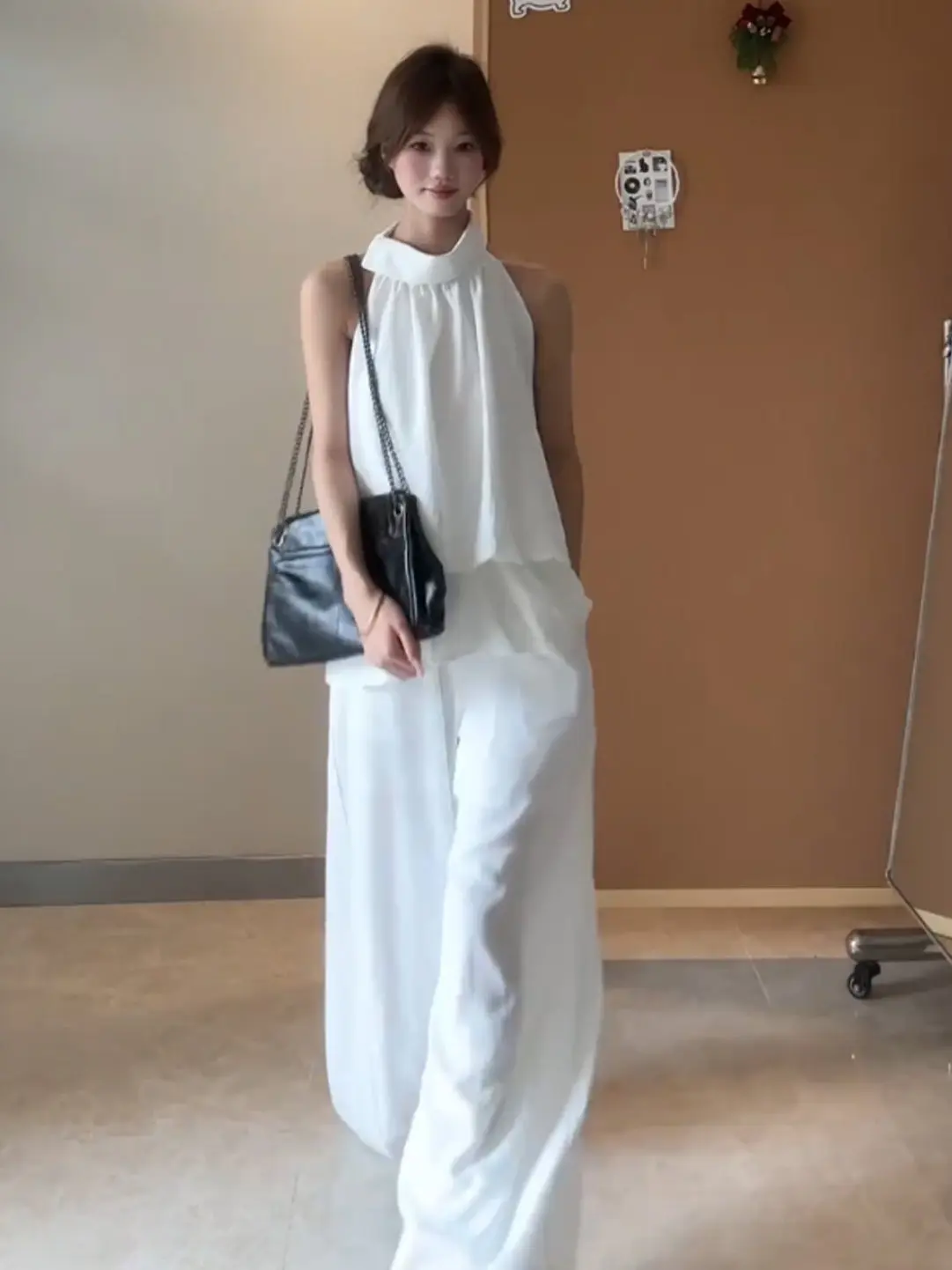 White Design Neck Hanging Top Women's Summer New Style Slimming Versatile Casual Pants OOTD Set Breathable High Waist Pants