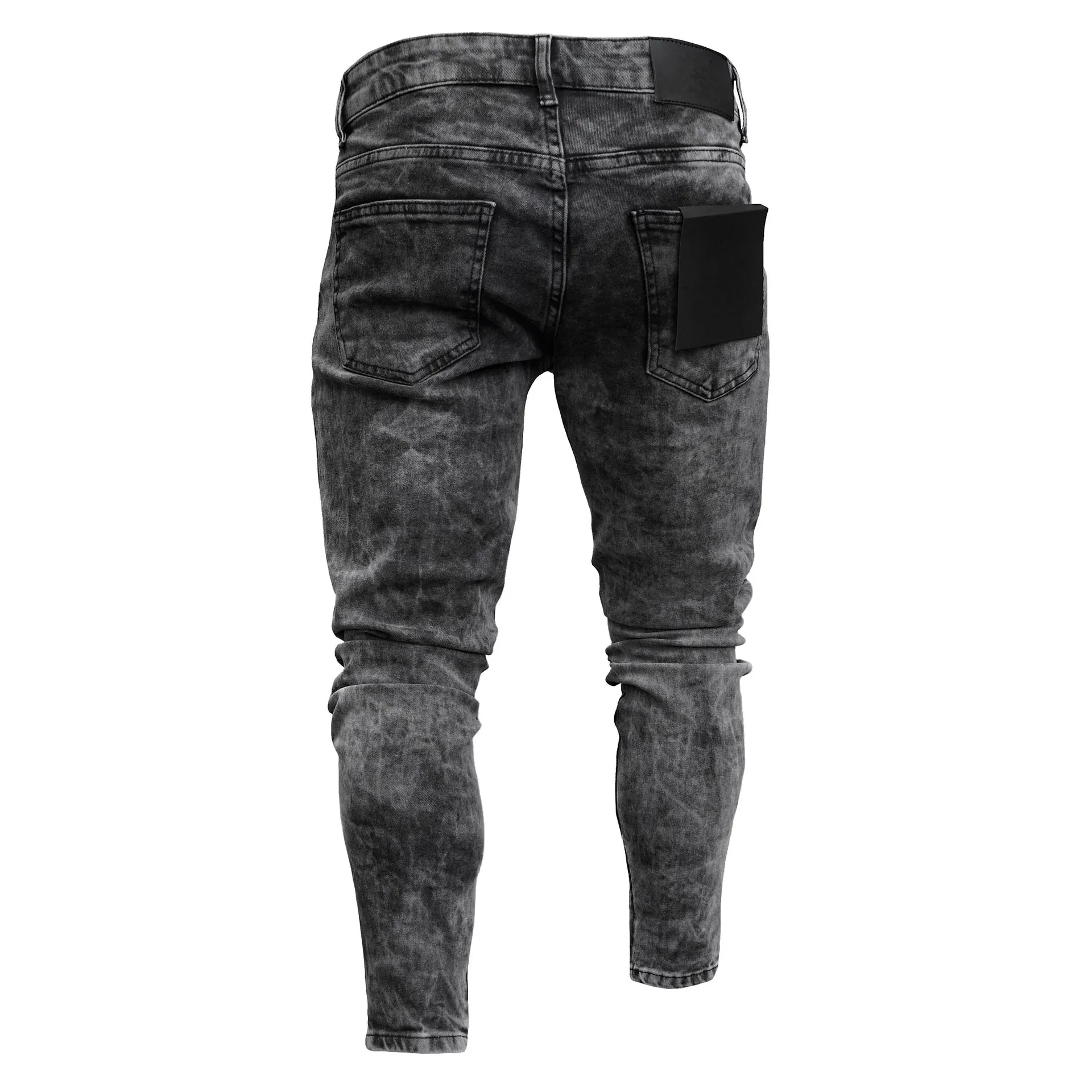 Biker Jeans Men\'s Distressed Stretch Ripped Biker Jeans Men Hip Hop Slim Fit Holes Punk Jeans Zipper Pure Color Denim Pants