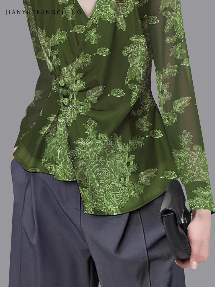 Women Long Sleeve V-Neck Green Chiffon Embroidered Blouse See through Asymmetrical Vintage Casual Floral Shirts Button-down Tops