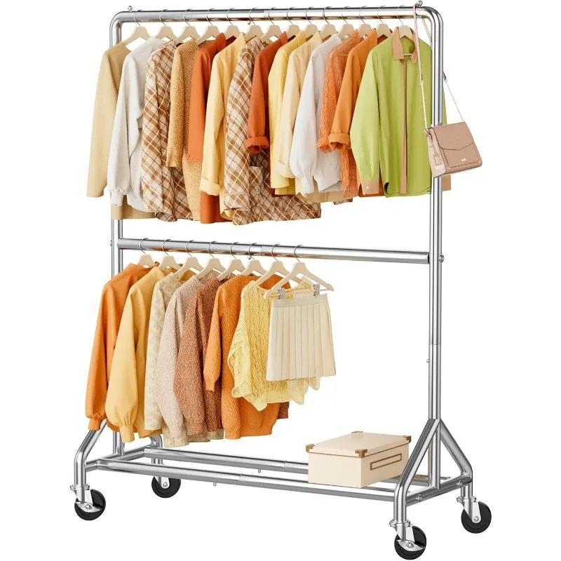 

50'' W Heavy Duty Clothes Rack for Hanging Clothes, Double Rods Industrial Clothing Rack with Wheels, Sturdy Rolling
