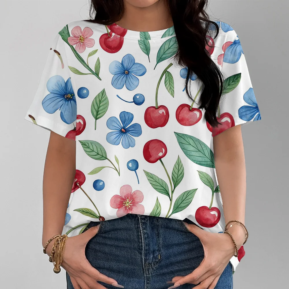 

Свежая и натуральная женская футболка с вишневым цветом, повседневная модная свободная и удобная белая футболка с коротким рукавом Y2K, уличная одежда