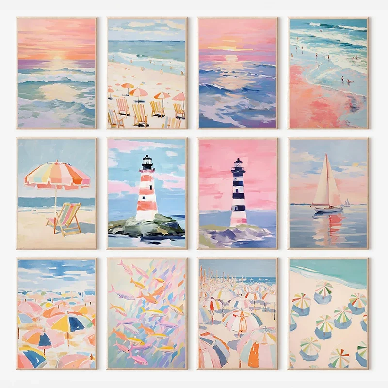 Colorful Pool Float Lifebuoy Palm Tree Painting Posters Canvas Printing Modern Wall Art Picture for Beach House Home Decor Gifts