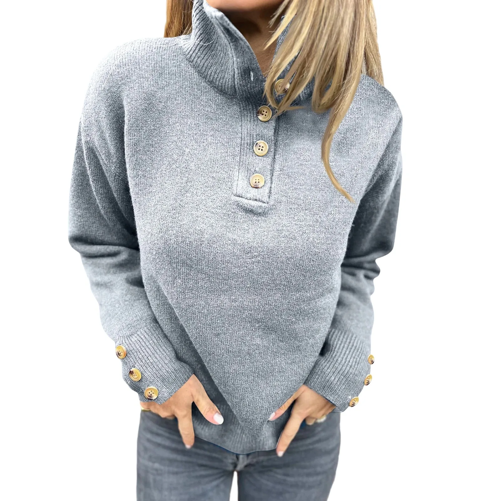 

YHOPE Ladies' Casual Stand Up Collar Knitted Sweater, Solid Color Button Casual Loose Sweater