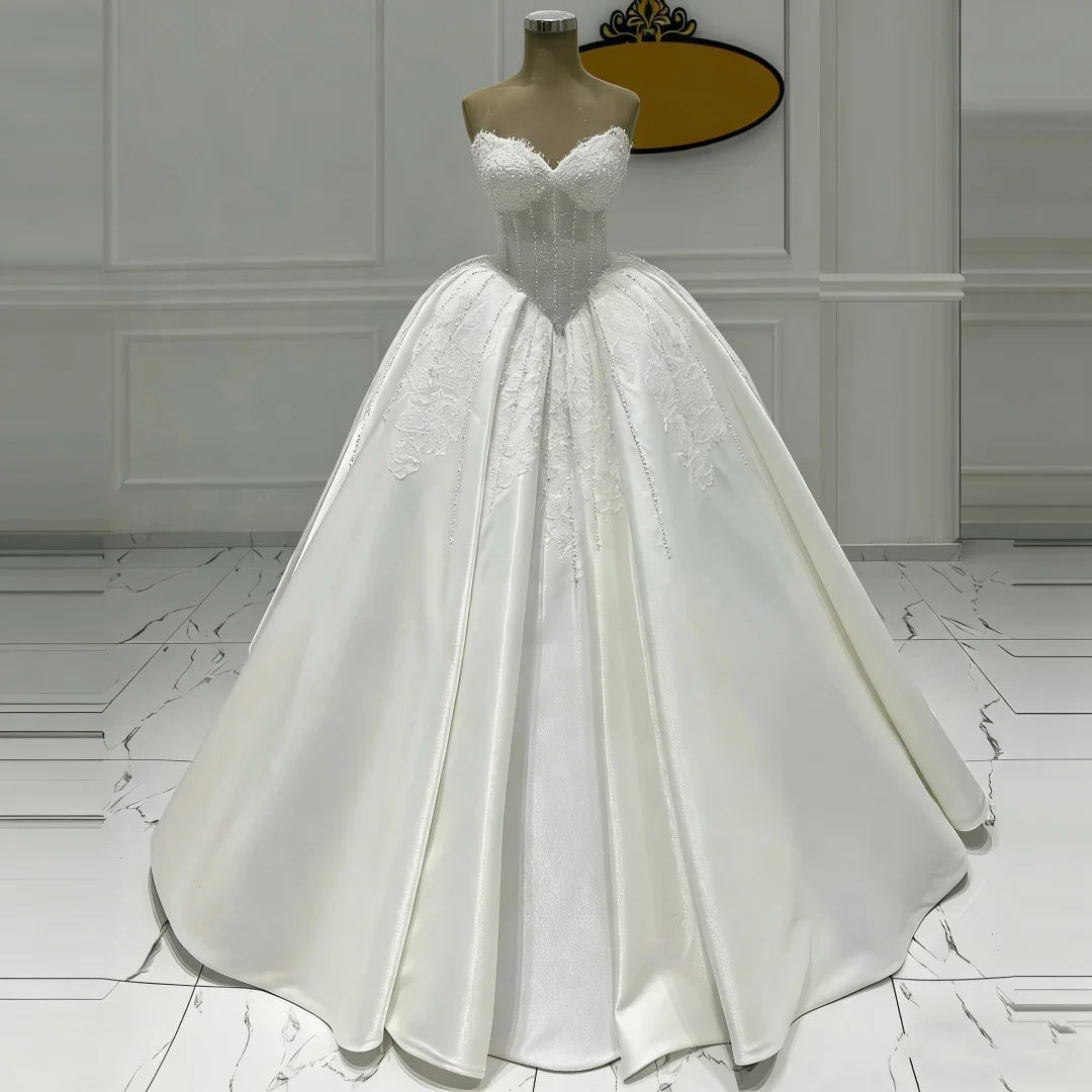 Elegant Pearls Ball Gown Wedding Dresses Sweetheart Neck Sleeveless Bridal Gowns Lace Appliques Customized Vestidos De Novia 3
