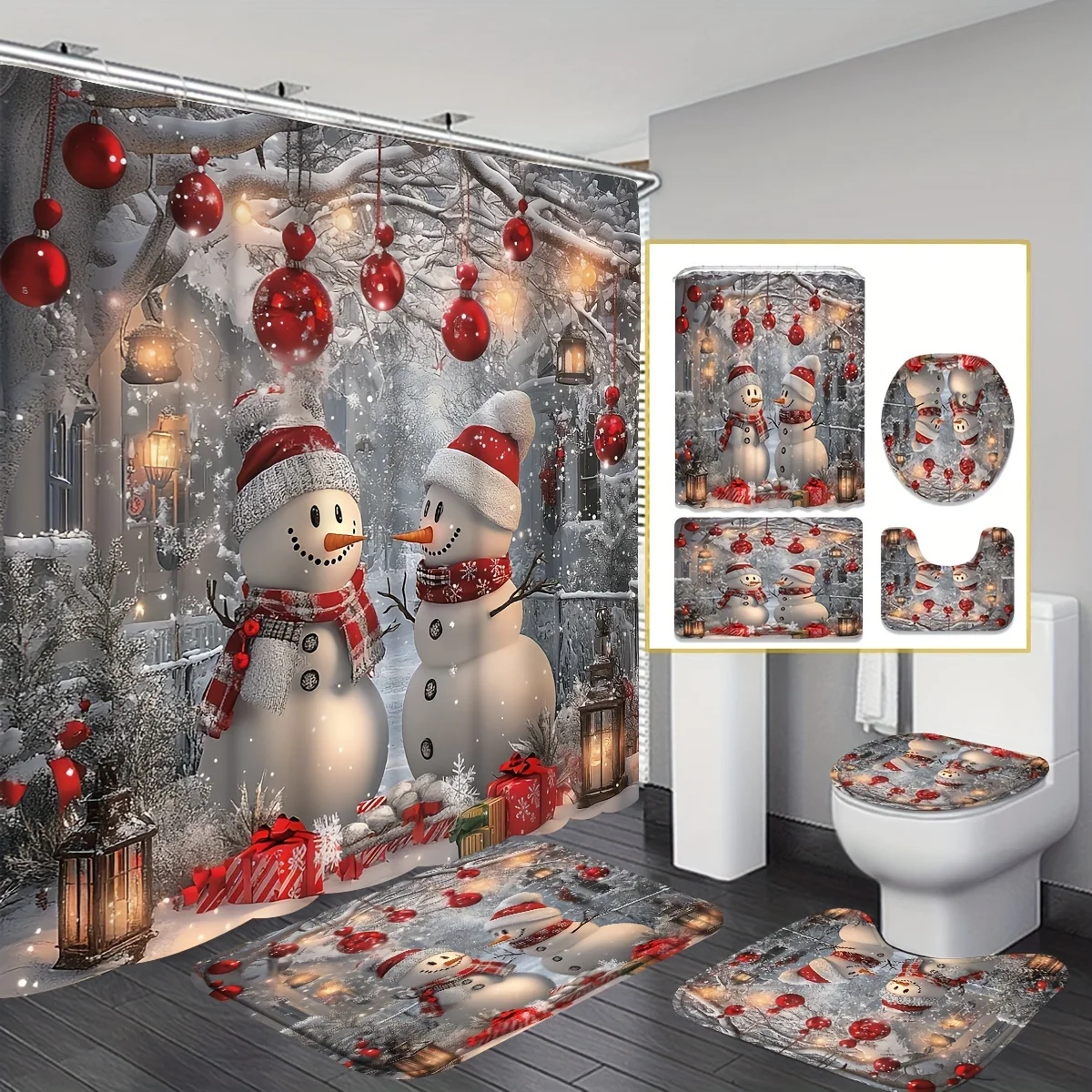 4pc Winter Snowman Christmas Shower Curtain Set, Snowflake Pattern, Premium Machine Washable Home Bathroom Decor