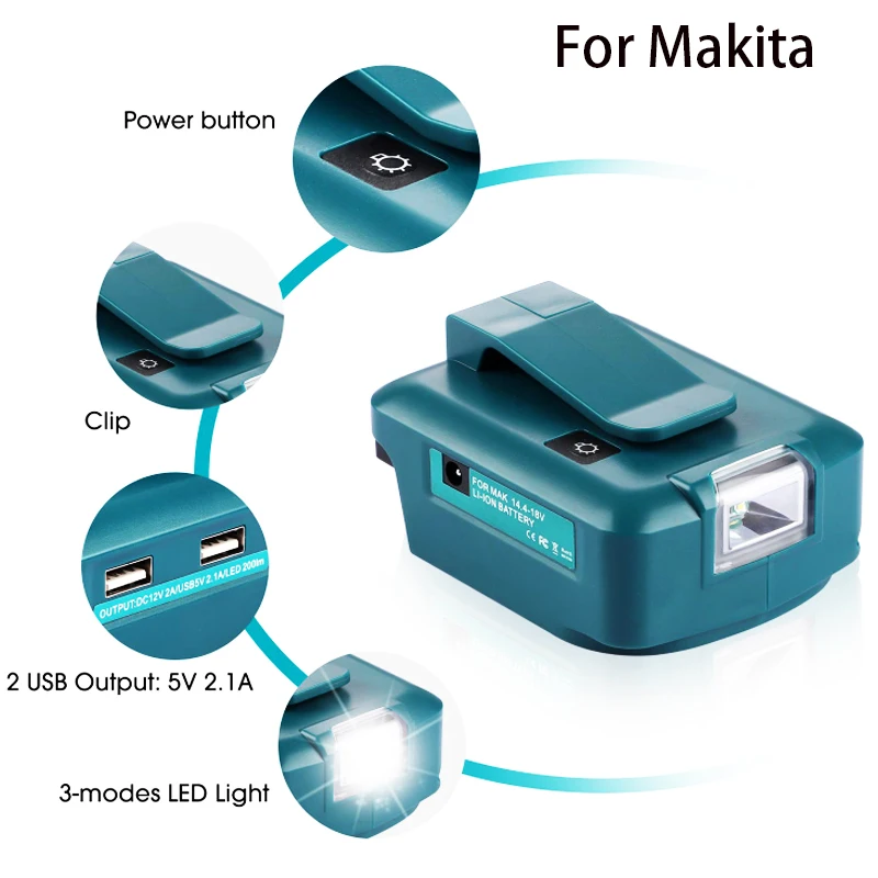 For Makita 14.4V/18V Lion Battery Dual USB converter Port with LED Light Spotlight Outdoor Flashlight for Makita Batteries