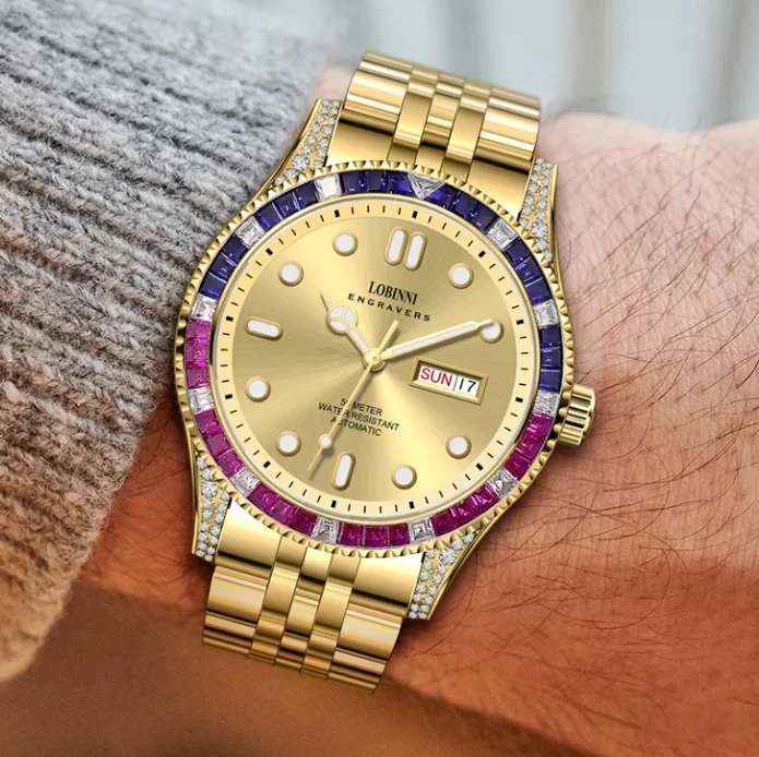 

LOBINNI мужские автоматические часы 42,5 мм механические наручные часы 5ATM водостойкие светящиеся сапфировые часы двойной календарь недели дата бриллиантовый безель