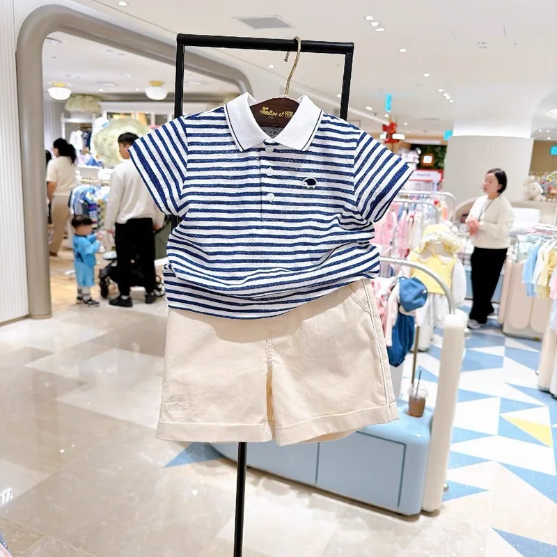 Chocolate Korea2026Summer Boys' ClothingPOLOStriped short-sleeved shirt with a turn-down collar and shorts set