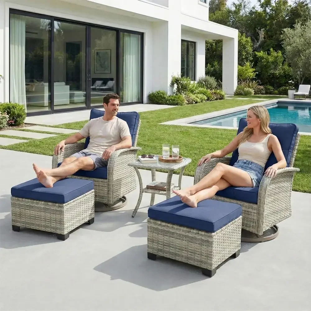 Compact 5-Piece Patio Furniture Set with Swivel Rocking Chairs and Ottomans, Ideal for Outdoor Balcony, Deck, or Porch, Navy Blu
