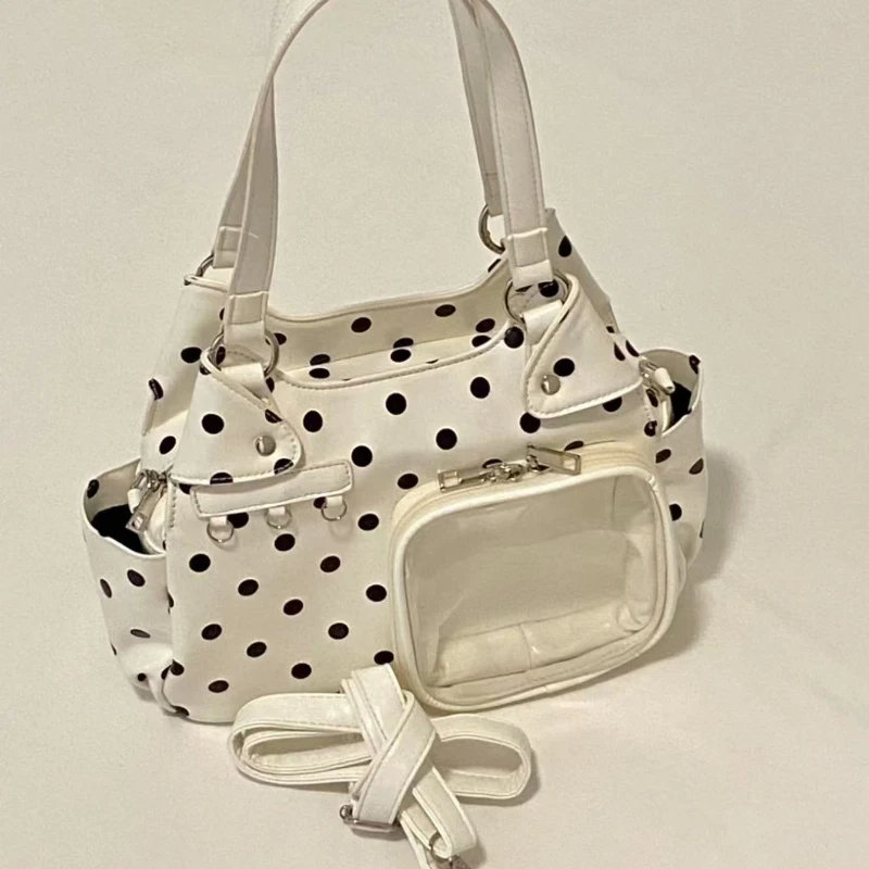 Polka Dot Ita Bag mit transparentem Sichtfenster, Damen-Umhängetasche, japanische Mädchen-Handtasche mit süßer Schleifendekoration. – Detail 3