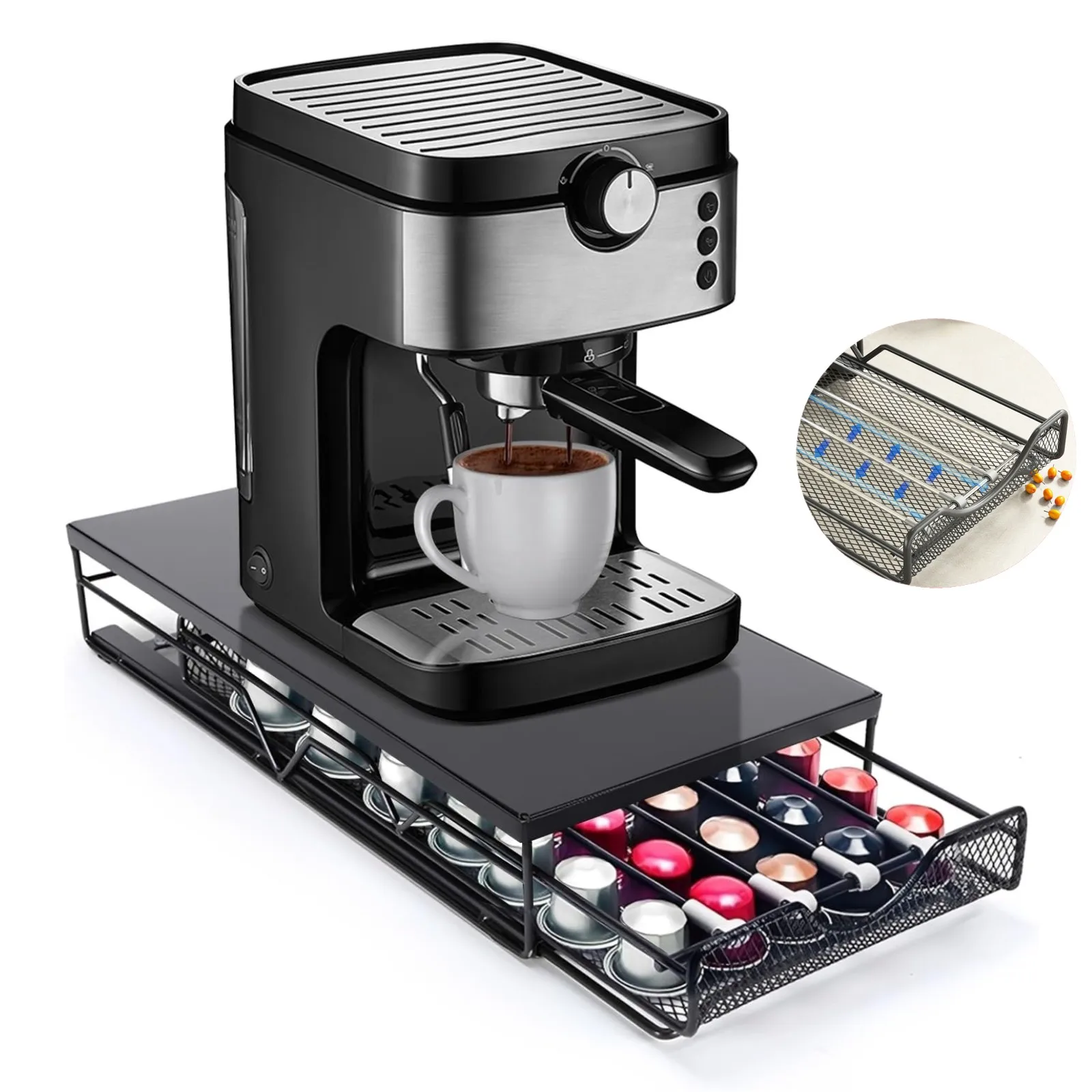 Cassetto scorrevole per capsule di caffè, contenitore per capsule, portacapsule in metallo per 40 capsule, organizer salvaspazio da appoggio per la cucina