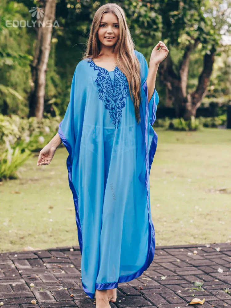 2023 Blue Bohemian Embroidered Batwing Sleeve Side Split Summer Beach Dress Chiffon Tunic Women Plus Size Beachwear kaftan Q746