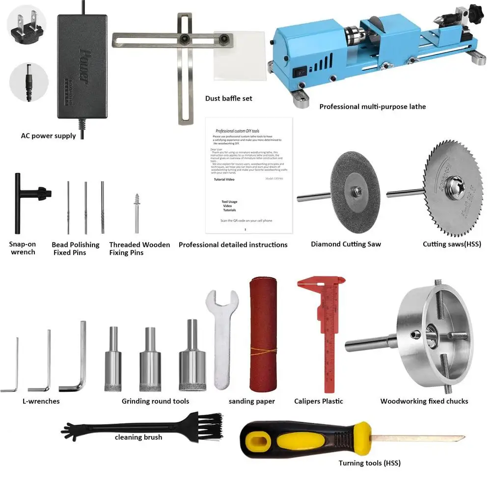 Multi-Purpose Mini Wood Lathe Kit with High Torque Motor DIY Woodworking Tool Turning Cutting Grinding Polishing Professional