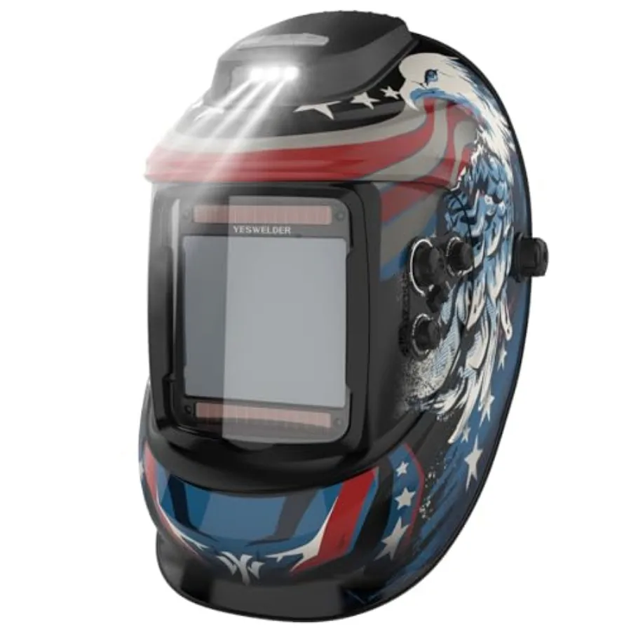 

Auto Darkening Welding Helmet with Rechargeable Fan and Light, 3.93"X3.66"Large View 1/1/1/1 True Color 4 Arc Sensor Solar Powe