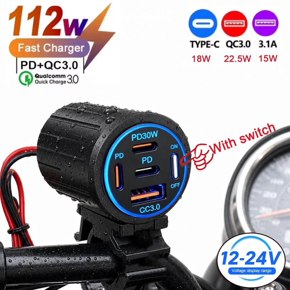 112W Motorcycle USB Fast Charger Socket 4-Ports Dual PD3.0+QC3.0 Handlebar Mount Switch Voltmeter Waterproof 12V Power Adapter