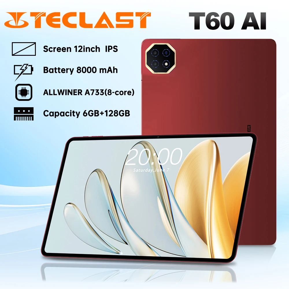 

Teclast T60 Ai Android 15 Планшет 12 дюймов FHD + Allwinner A733 NPU 6 ГБ + 128 ГБ 8000 мАч WiFi6 BT5.4 Двойная камера AI Двойной динамик