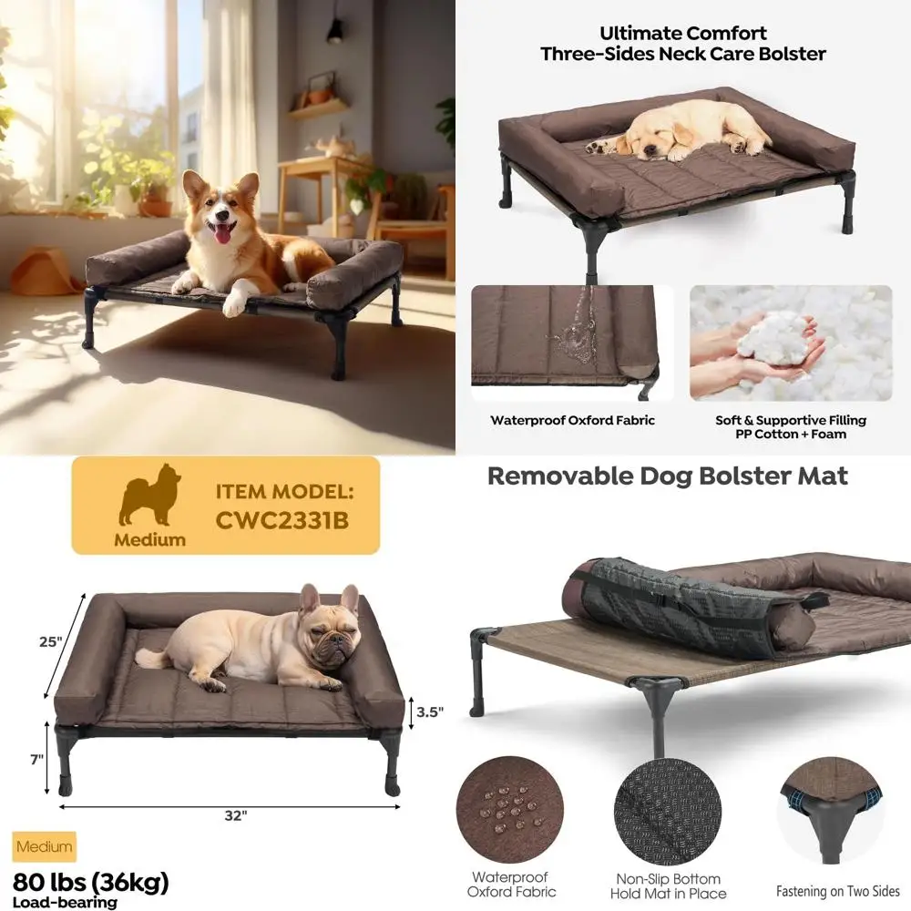 

Elevated Dog Bed with Removable Waterproof Bolster, Breathable Mesh, Non-Slip Feet, Suitable for Indoor and Outdoor, Medium Size