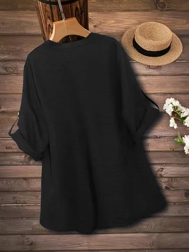 Imagen 2 del producto Blusa casual de talla grande para mujer, corte holgado, manga larga, decoración con botones, Top azul marino, cómoda y elegante