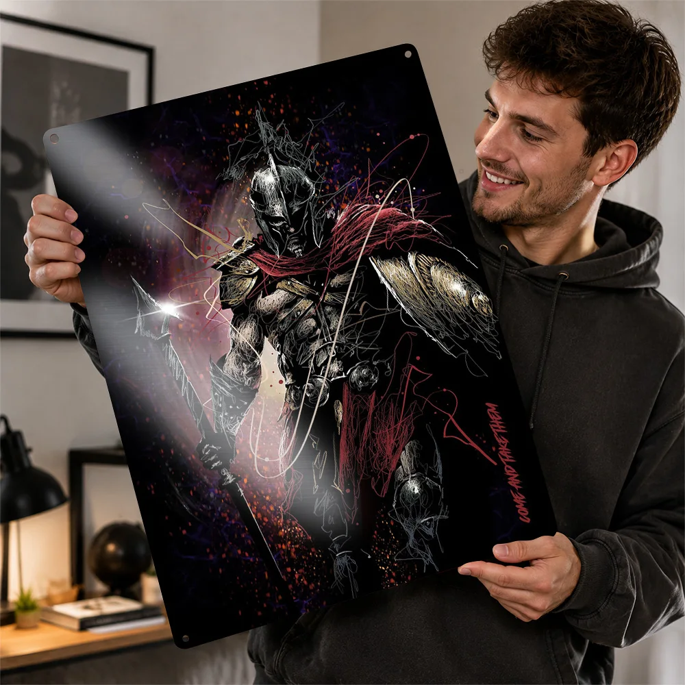 Armored Warrior With Red Cape Textured Metal Poster Scribble Wall Art For Study Personalized Aluminum Sign Fantasy Fan Gift Idea