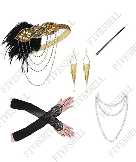 1920S Great Gatsby Roaring เครื่องแต่งกาย Flapper Headband ไข่มุกสร้อยคอที่เขี่ยบุหรี่ชุดต่างหู