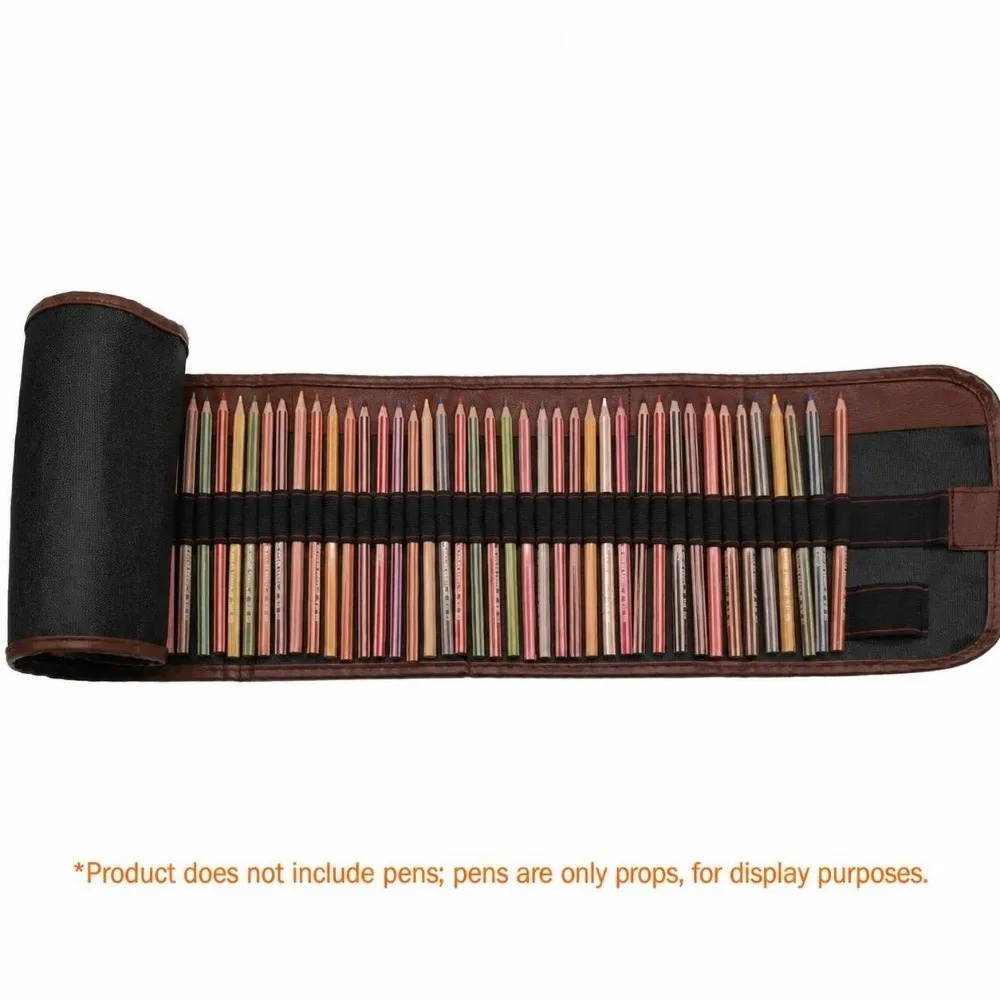 Durable 24/36/48/72 Slots Roll Up Pencil Case PU Leather Large Capacity Pencil Curtain Straps Design Pencil Pouch Gift
