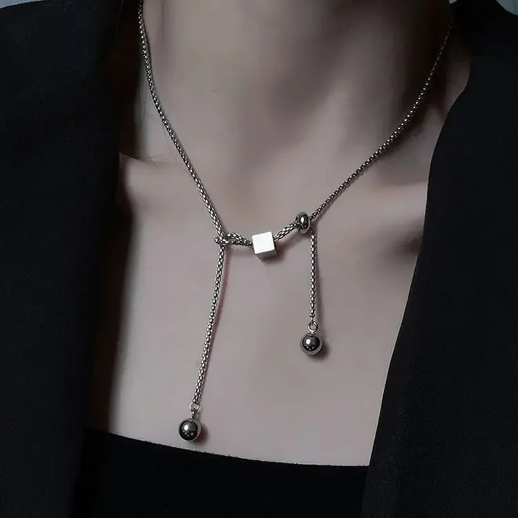 Simple And Stylish Adjustable Square Titanium Steel Necklace For Women S Ins Hip Hop Cold Air Sweater Chain Tassel Accessories