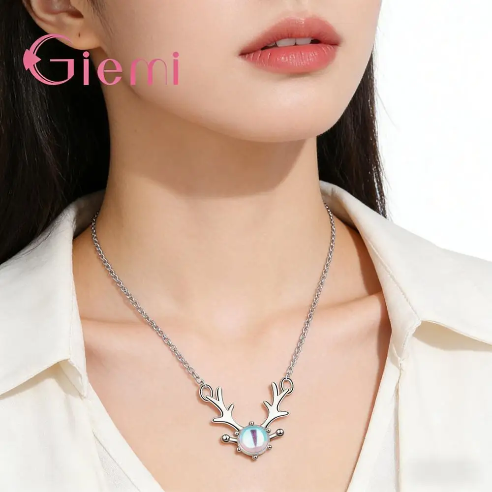 Charming 925 Sterling Silver Antlers Moonlight Stone Pendant Necklaces for Women Girls Engagement Party Fashion Jewelry Gifts