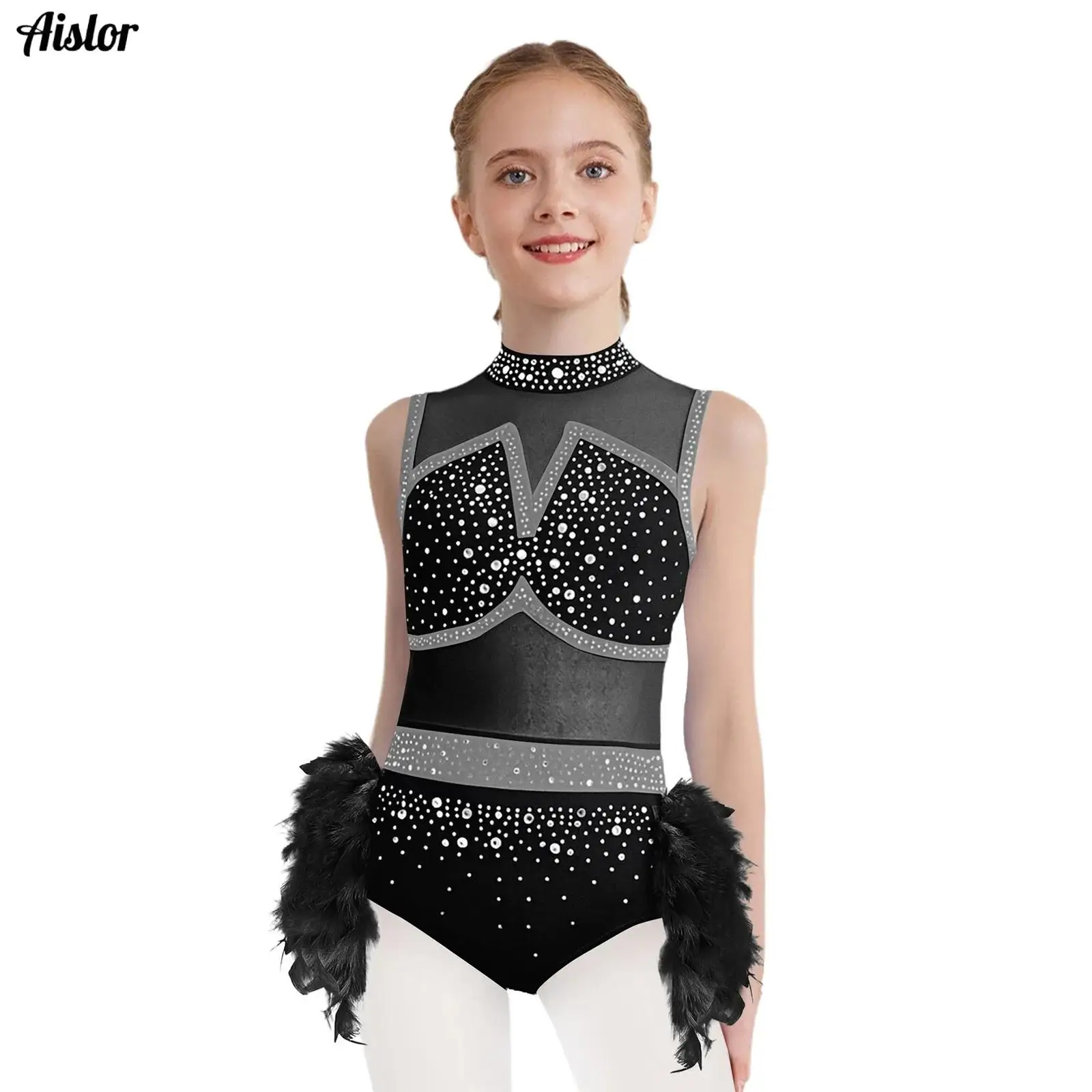 Kids Girls Jazz Latin Ballet Dance Leotard Cutout Back Rhinestones Unitard with Feather Skirt for Figure Skating Performance