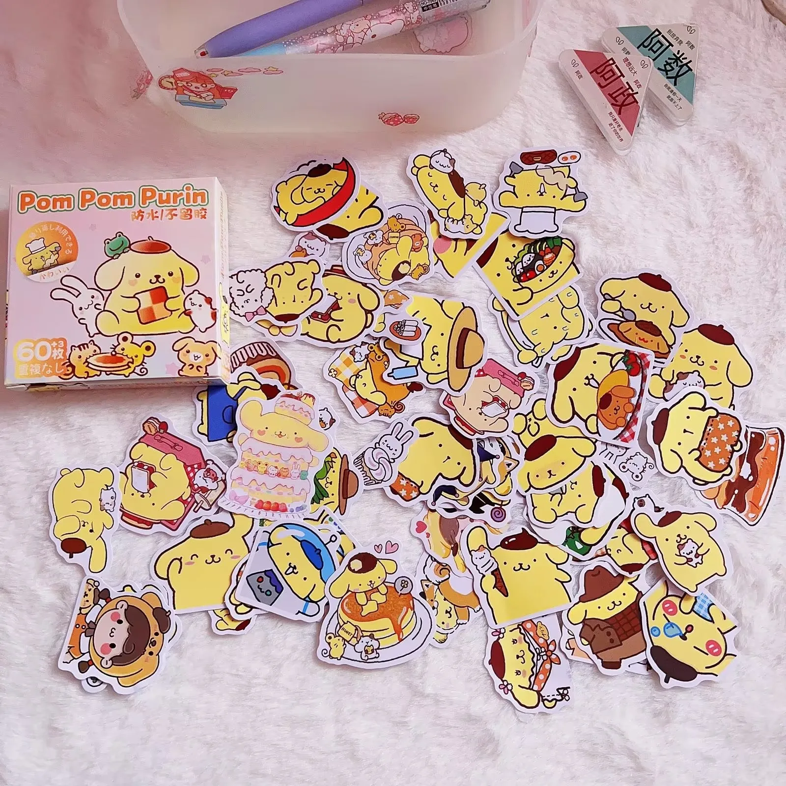 60PCS Japanese Cute Pet Sanrio Sticker Kawaii Cartoon Kuromi Melody HelloKitty Cinnamoroll DIY Stickers Gift Box Packaging