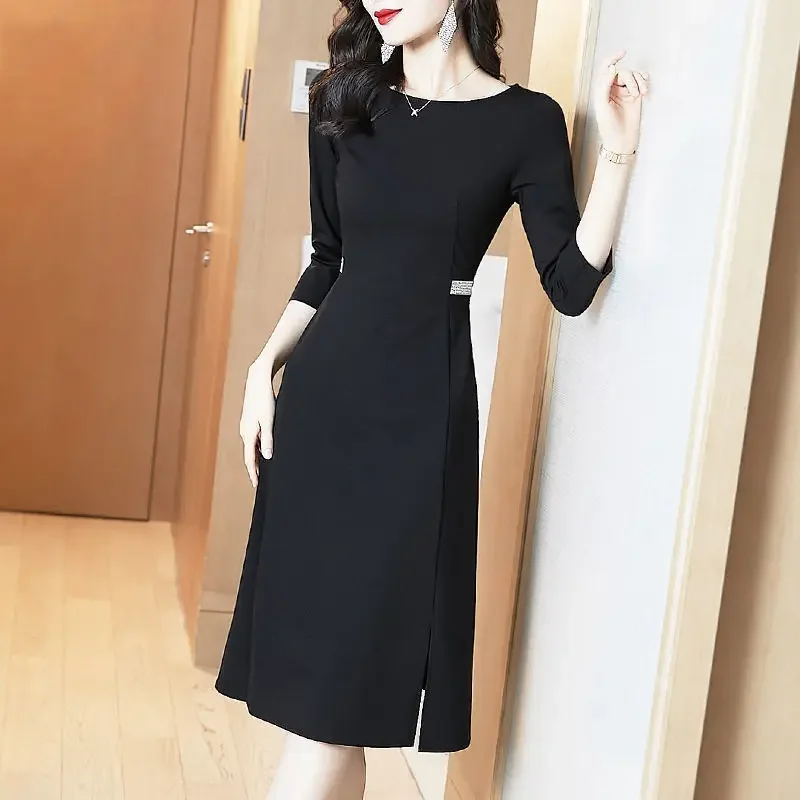 

Solid women temperament waist fashion casual Herbal black A word dress female 2023 spring new long sleeve o neck dress female