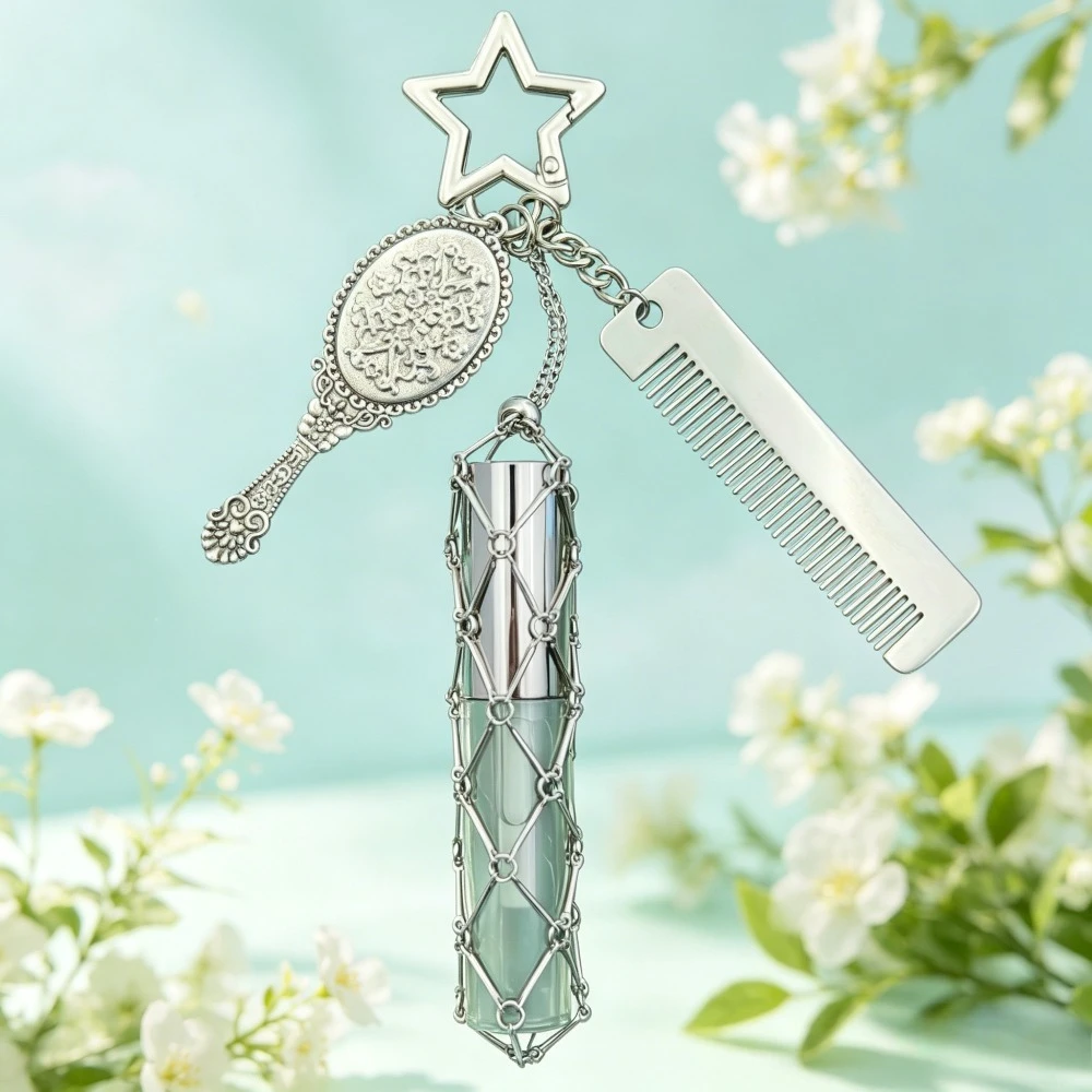 Vintage Metal Mesh Lipstick Bag Keychain Portable Net Pocket Pendant with Mirror Mini Comb Key Ring Multi-functional Gift Woman view 5