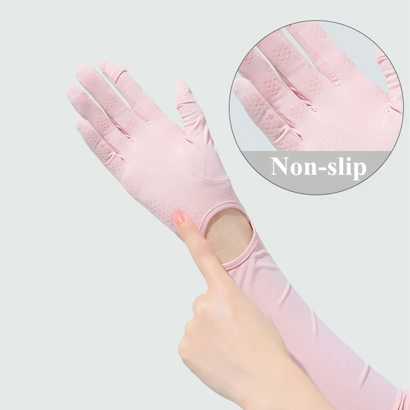 Guantes antideslizantes de protección solar para mujer, manoplas transpirables con pantalla táctil, protección UV larga, manga de seda de hielo,