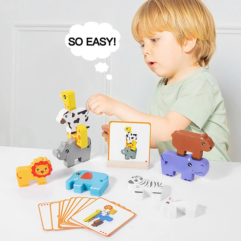 Bloco de empilhamento de animais de madeira, jogo de forma correspondente, quebra-cabeça, brinquedo de equilíbrio montessori, treinamento de motor fino, brinquedos educativos para crianças